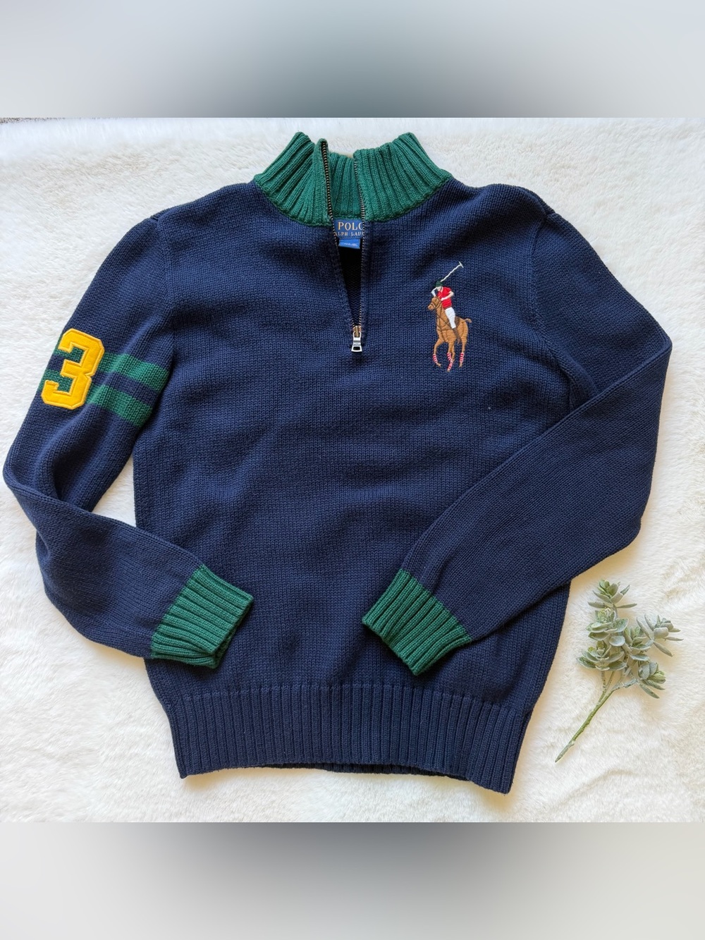 Ralph Lauren | EUC - Logo Quarter Zip Sweater - Size 14/16 - Navy/Green